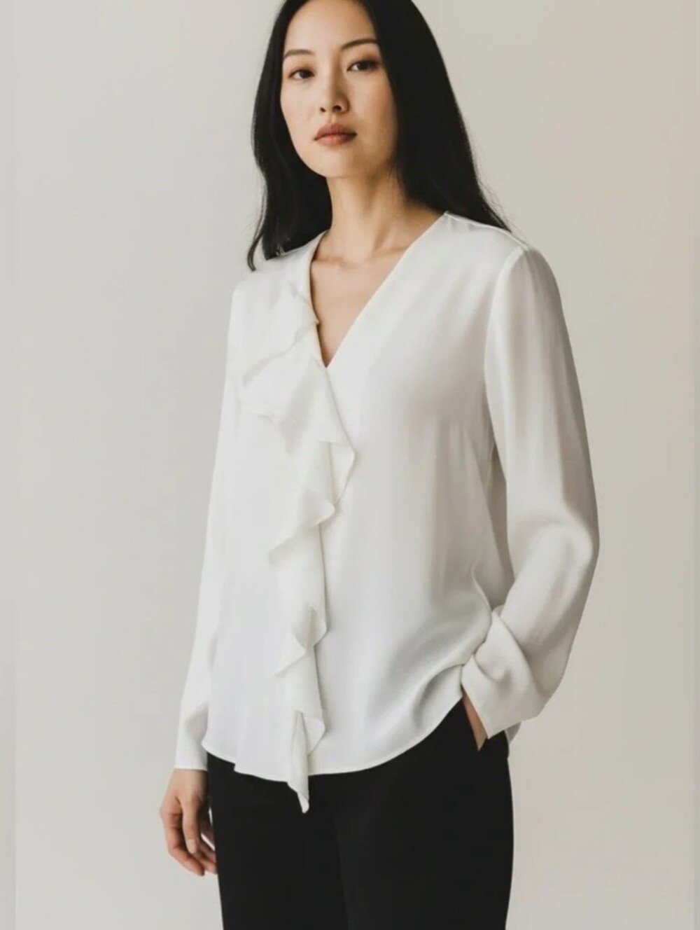 Theory 100% Silk Long Sleeve Ruffle Blouse. 